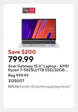 Staples Acer Gateway 15.6 Laptop - AMD Ryzen 7-5825U/1TB SSD/32GB RAM/Window 11 offer