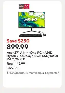 Staples Acer 27 All-in-One PC - AMD Ryzen 7-5825U/512GB SSD/16GB RAM/Win 11 offer