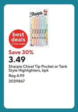Staples Sharpie Chisel Tip Pocket or Tank Style Highlighters offer