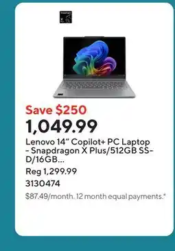 Staples Lenovo 14 Copilot+ PC Laptop - Snapdragon X Plus/512GB SSD/16GB RAM/Windows 11 Home offer
