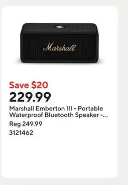 Staples Marshall Emberton III - Portable Waterproof Bluetooth Speaker - Black and Brass offer