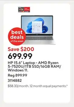 Staples HP 15.6 Laptop - AMD Ryzen 5-7520U/1TB SSD/16GB RAM/Windows 11 offer