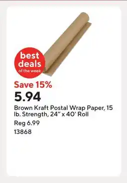 Staples Brown Kraft Postal Wrap Paper, 15 lb. Strength, 24 x 40' Roll offer