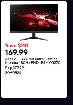 Staples Acer 27 Blk/Red Nitro Gaming Monitor 180Hz FHD IPS - VG270 offer
