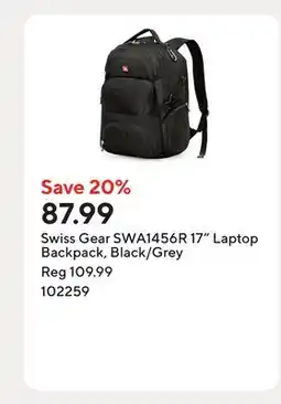 Staples Swiss Gear SWA1456R 17 Laptop Backpack, Black/Grey offer