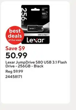 Staples Lexar JumpDrive S80 USB 3.1 Flash Drive - 256GB - Black offer