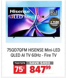 2001 Audio Video 75QD7QFM HISENSE 75 Mini-LED QLED AI TV 60Hz - Fire TV offer