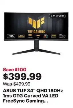 Best Buy ASUS TUF 34 QHD 180Hz 1ms GTG Curved VA LED FreeSync Gaming Monitor (VG34VQL3A) offer