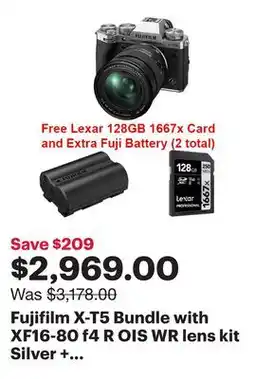 Best Buy Fujifilm X-T5 Bundle with XF16-80 f4 R OIS WR lens kit Silver + Lexar 128GB 1667x Card + NPW235 offer