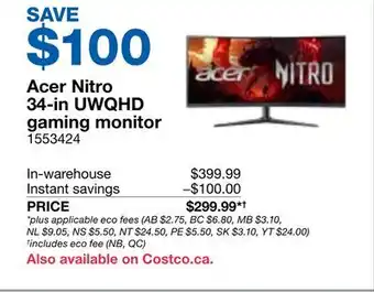 Costco Acer Nitro 34-in UWQHD gaming monitor offer