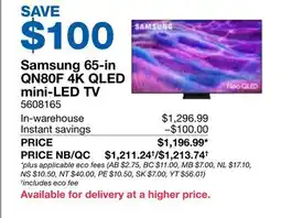 Costco Samsung 65-in QN80F 4K QLED mini-LED TV offer