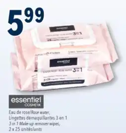 Familiprix ESSENTIEL COSMETIK, Rose water, 1/3 in 1 Make-up remover wipes, 2 x 25 units offer