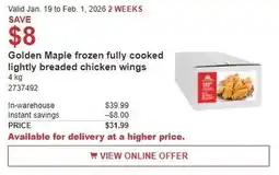 Costco Golden Maple frozen fully cooked lightly breaded chicken wings offer