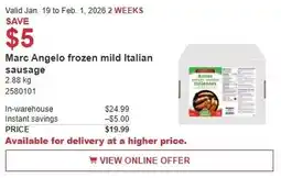 Costco Marc Angelo frozen mild Italian sausage offer