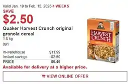 Costco Quaker Harvest Crunch original granola cereal offer