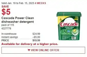 Costco Cascade Power Clean dishwasher detergent offer
