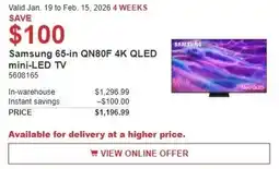 Costco Samsung 65-in QN80F 4K QLED mini-LED TV offer