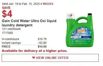 Costco Gain Cold Water Ultra Oxi liquid laundry detergent offer