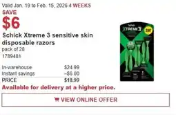 Costco Schick Xtreme 3 sensitive skin disposable razors offer