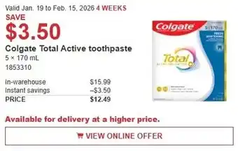 Costco Colgate Total Active toothpaste offer