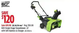 Canadian Tire 60V Single-Stage Snowblower, 22 with 5Ah Battery & Charger. 60-4032-6 offer