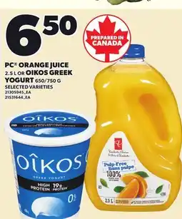 Loblaws PC ORANGE JUICE, 2.52.5 L OR OIKOS GREEK YOGURT, 650/750 G offer