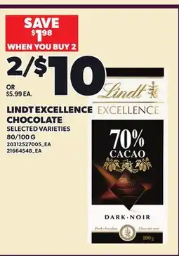 Loblaws LINDT EXCELLENCE CHOCOLATE, 80/100 G offer