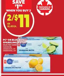 Loblaws PC OR BLUE MENU SPARKLING WATER offer