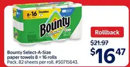 Walmart Bounty Select-A-Size paper towels 8 = 16 rolls offer