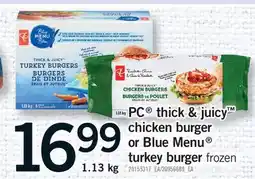 Fortinos PC thick & juicy chicken burger or Blue Menu turkey burger offer