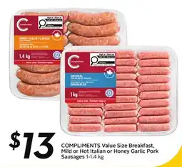 Sobeys COMPLIMENTS Value Size Breakfast, Mild or Hot Italian or Honey Garlic Pork Sausages offer