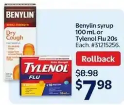 Walmart Benylin syrup 100 mL or Tylenol Flu 20s offer