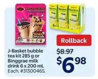 Walmart J-Basket bubble tea kit 285 g or Binggrae milk drink 6 x 200 mL offer