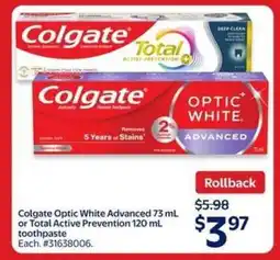 Walmart Colgate Optic White Advanced or Total Active Prevention Toothpaste offer