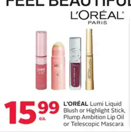 Rexall L'ORÉAL Lumi Liquid Blush or Highlight Stick, Plump Ambition Lip Oil or Telescopic Mascara offer