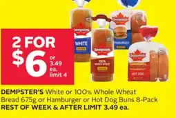 Rexall DEMPSTER'S White or 100% Whole Wheat Bread 675g or Hamburger or Hot Dog Buns 8-Pack offer