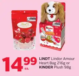 Rexall LINDT Lindor Amour Heart Bag 216g or KINDER Plush 98g offer