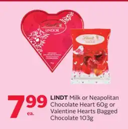 Rexall LINDT Milk or Neapolitan Chocolate Heart 60g or Valentine Hearts Bagged Chocolate 103g offer