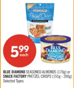 Shoppers Drug Mart BLUE DIAMOND SEASONED ALMONDS (170g) or SNACK FACTORY PRETZEL CRISPS (155g - 200g) offer