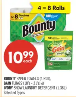 Shoppers Drug Mart BOUNTY PAPER TOWELS (4 Roll), GAIN FLINGS (18's - 31's) or IVORY SNOW LAUNDRY DETERGENT (1.36L) offer