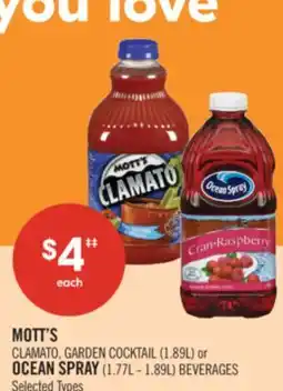 Shoppers Drug Mart MOTT'S CLAMATO, GARDEN COCKTAIL (1.89L) or OCEAN SPRAY (1.77L - 1.89L) BEVERAGES offer