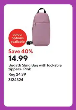 Staples Bugatti Sling Bag with lockable zippers- Pink offer