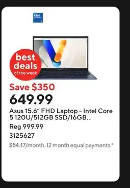 Staples Asus 15.6 FHD Laptop - Intel Core 5 120U/512GB SSD/16GB RAM/Windows 11 Home offer