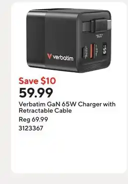 Staples Verbatim GaN 65W Charger with Retractable Cable offer