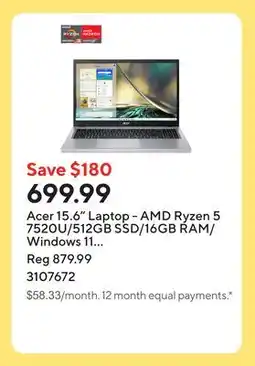 Staples Acer 15.6 Laptop - AMD Ryzen 5 7520U/512GB SSD/16GB RAM/Windows 11 Home offer