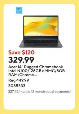 Staples Acer 14 Rugged Chromebook - Intel N100/128GB eMMC/8GB RAM/Chrome OS with 3 months of Google AI Pro offer