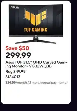 Staples Asus TUF 31.5 QHD Curved Gaming Monitor - VG32WQ3B offer