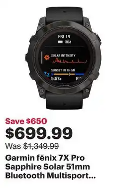 Best Buy Garmin fēnix 7X Pro Sapphire Solar 51mm Bluetooth Multisport Smartwatch - Carbon Grey/Black offer