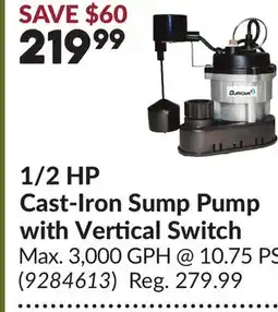 Princess Auto 1/2 HP Cast-Iron Sump Pump with Vertical Switch offer
