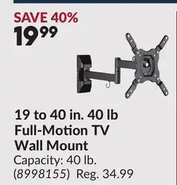 Princess Auto 19 to 40 in. 40 lb Full-Motion TV Wall Mount offer